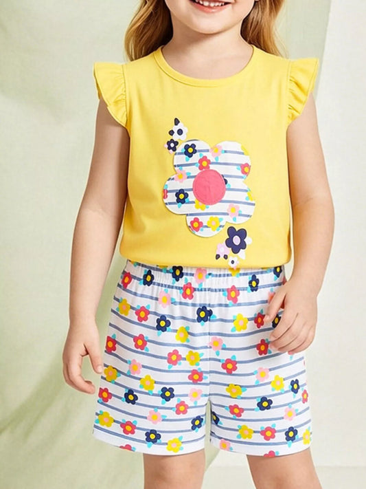 Children's Floral Ruffle Sleeve Top and Striped Shorts Set