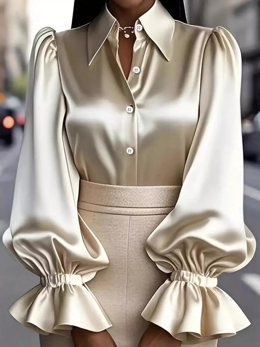 Satin Button Up Flounce Sleeve Shirt