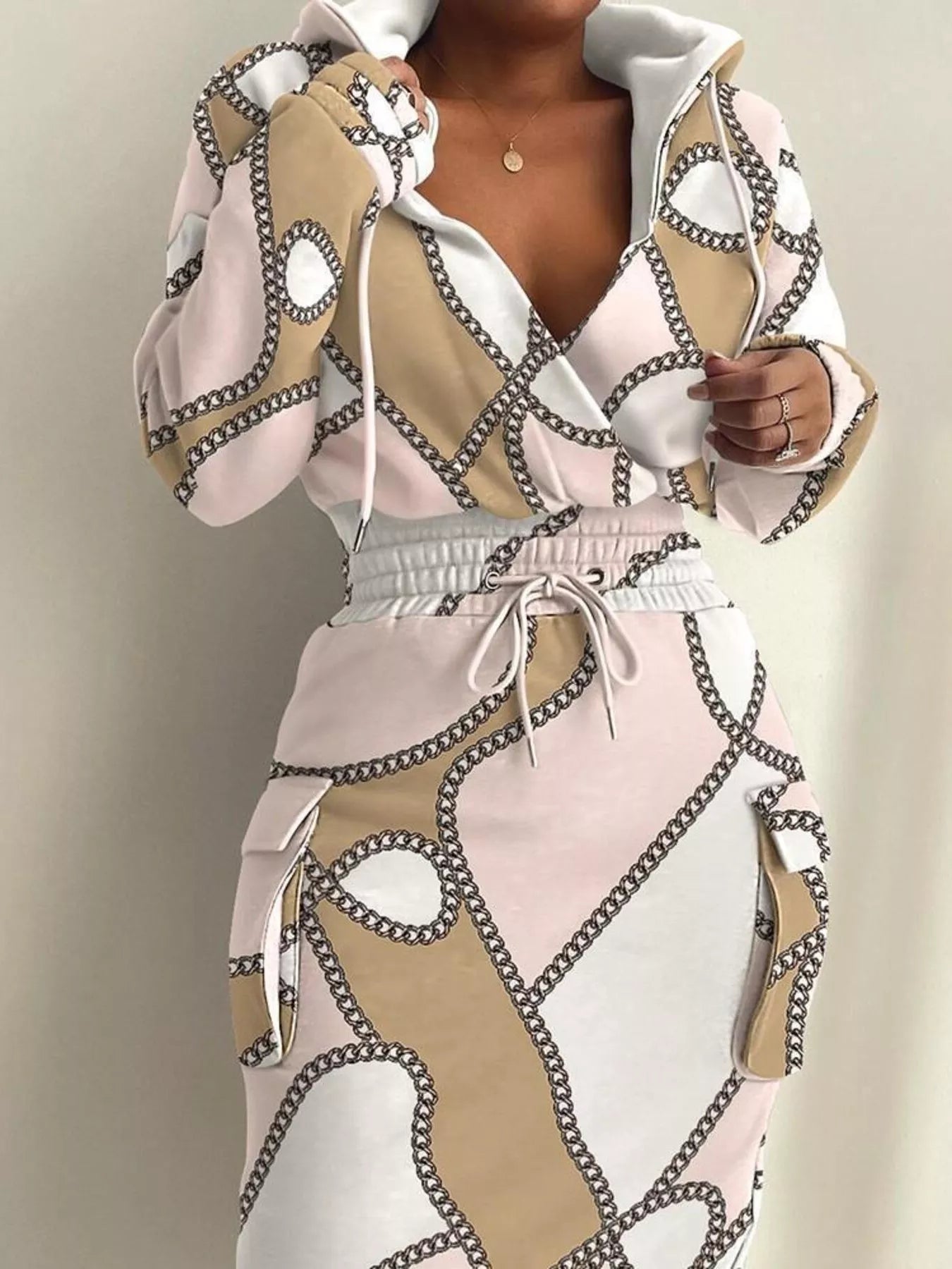 Full Size Drawstring Waist Surplice Printed Dress Plus Size