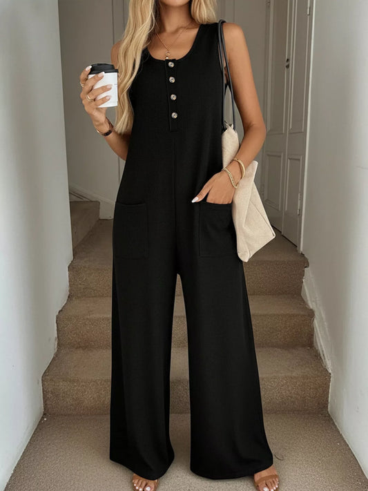 Sleeveless Button-Front Wide Leg Jumpsuit