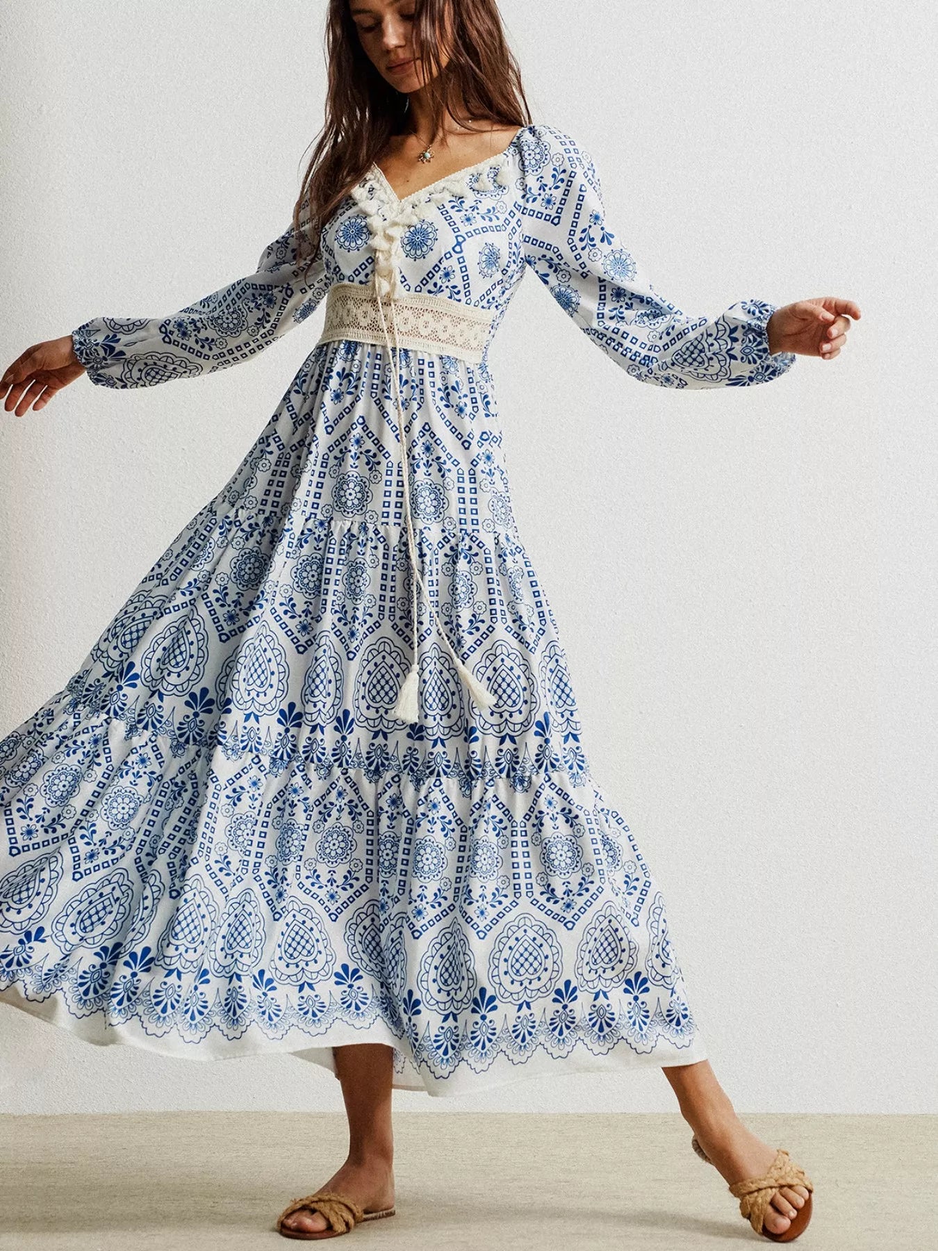 Bohemian Print Midi Dress with Tassel Detail