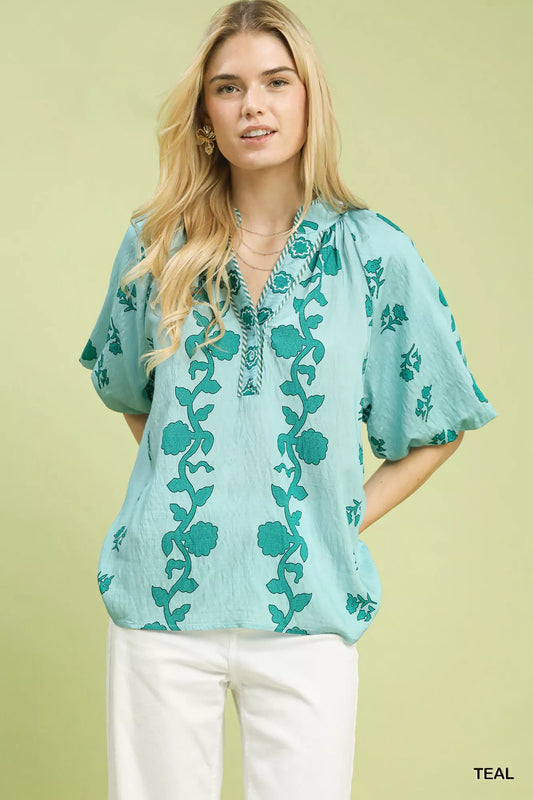Umgee Collared Floral Print Top