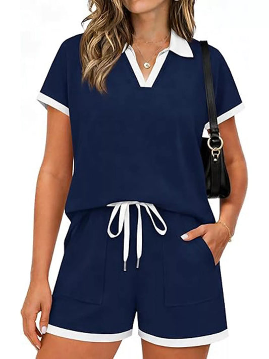 Polo Collar Short Sleeve Top and Shorts Set
