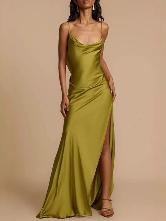 Satin Cowl Neck Slit Maxi Dress