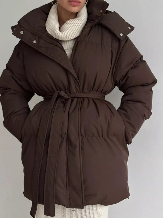 Mid-Length Thickened Hooded Winter Coat with Belted