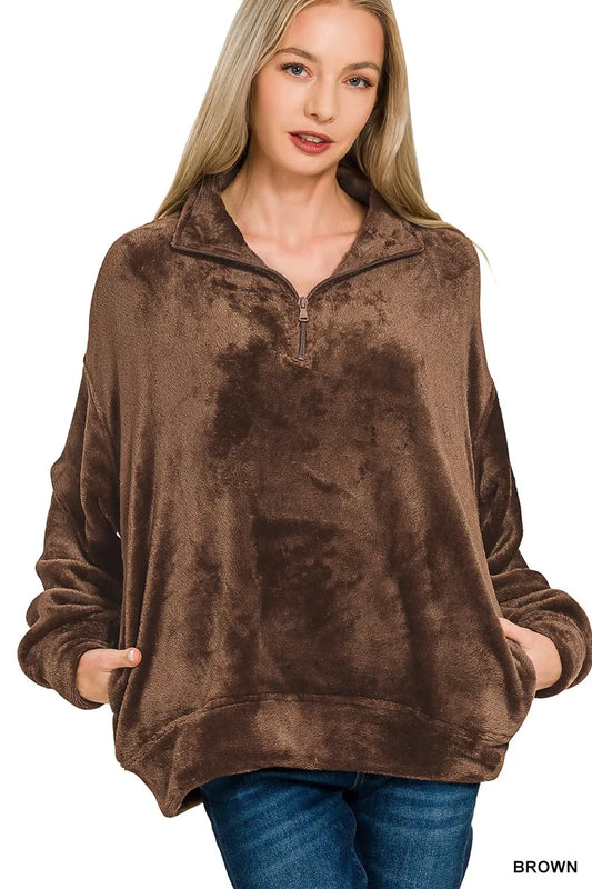 Zenana Faux Fur Half Zip Pocket Pullover