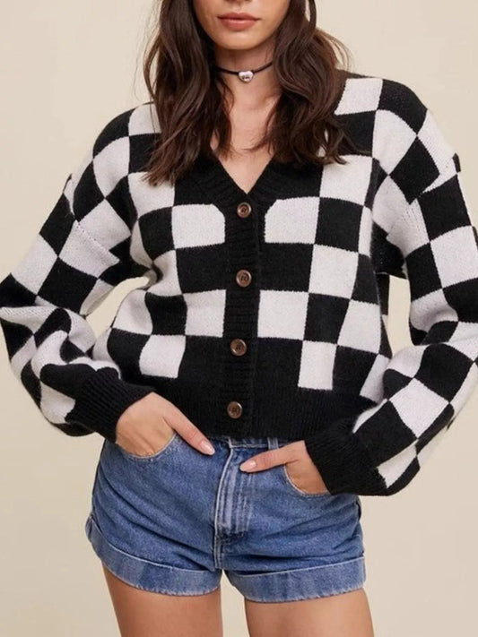 Checkerboard Pattern Button-Down Cardigan