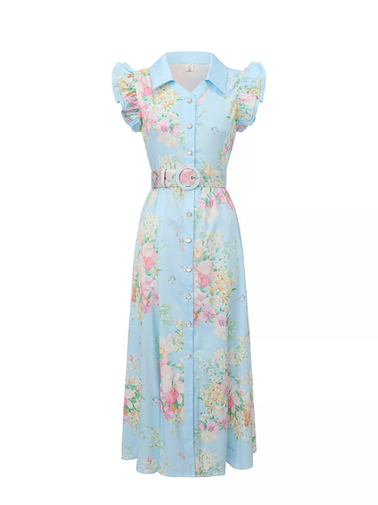 Floral Print Ruffle Sleeve Midi Dress