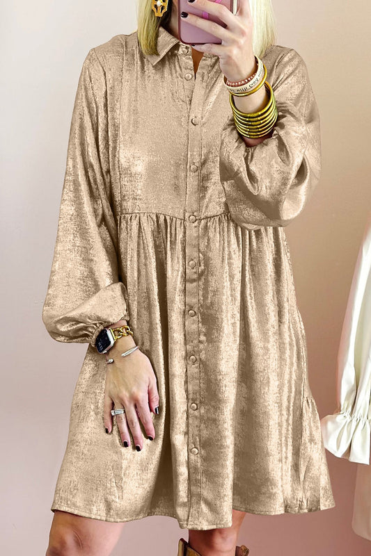 Button Front Balloon Sleeve Mini Dress