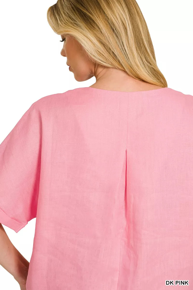 Zenana Linen V-Neck Cuffed Sleeve Top