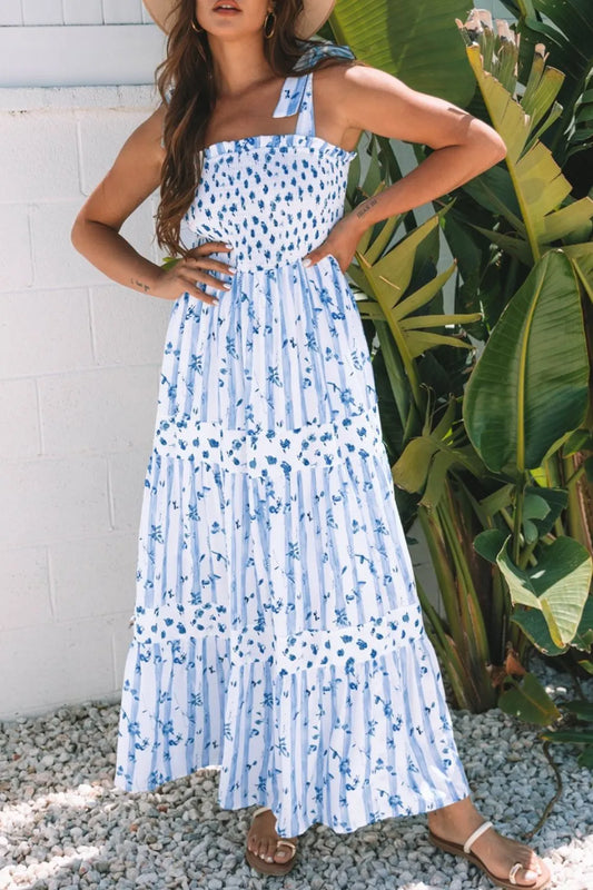 Floral Smocked Tied Straps A-Lined Tiered Dress