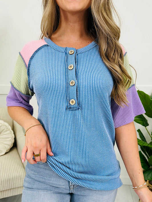 Twisted Rib Color Block Patchwork Short Sleeve Henley Top