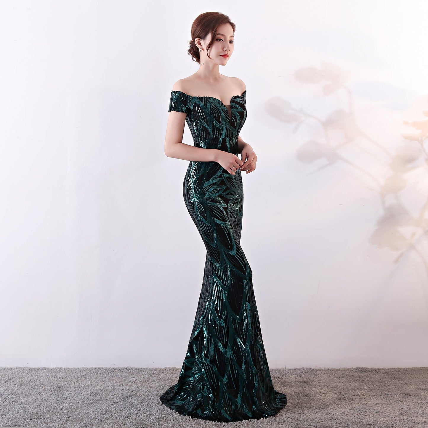 Off the Shoulder Gown Long Fish Tail Sequined Evening Dress Slim Fit Slimming Dress
