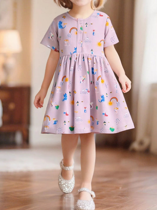 Children's Cartoon Print Button Front Casual Dress