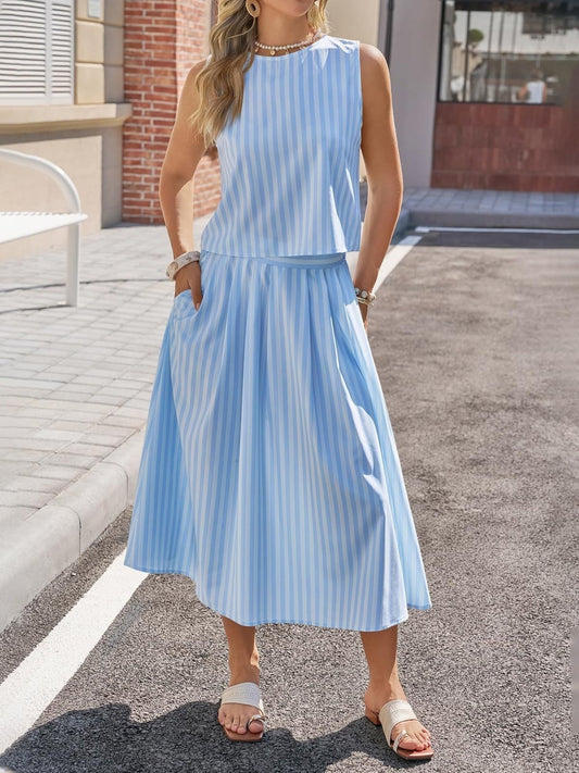 Striped Sleeveless Top and Midi Skirt Set