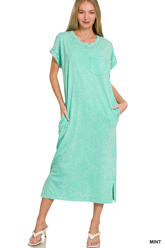 Zenana Washed Exposed Seam Short Sleeve T-Shirt Dress