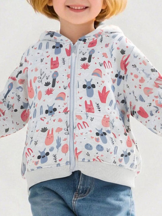 Children's Playful Cartoon Print Zip-Up Hoodie