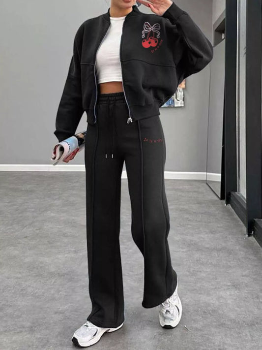 Zip Up Dropped Shoulder Outerwear and Pants Set