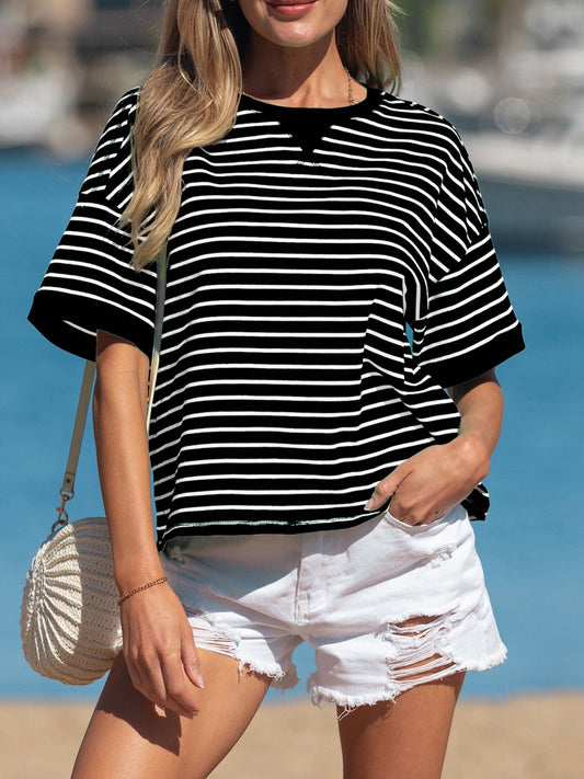 Stripe Ribbed Patchwork Seam Detail Half Sleeve Tee