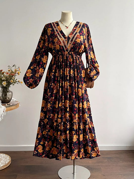 Plus Size Floral Print V-Neck Maxi Dress