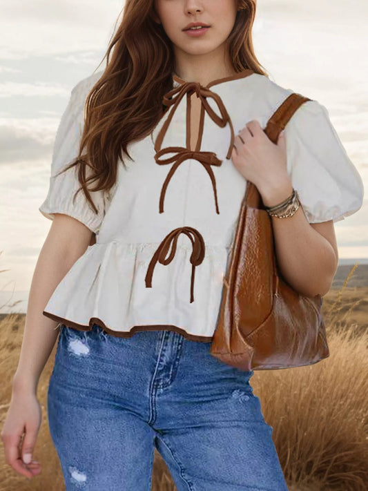 Tie Front Puff Sleeve Blouse