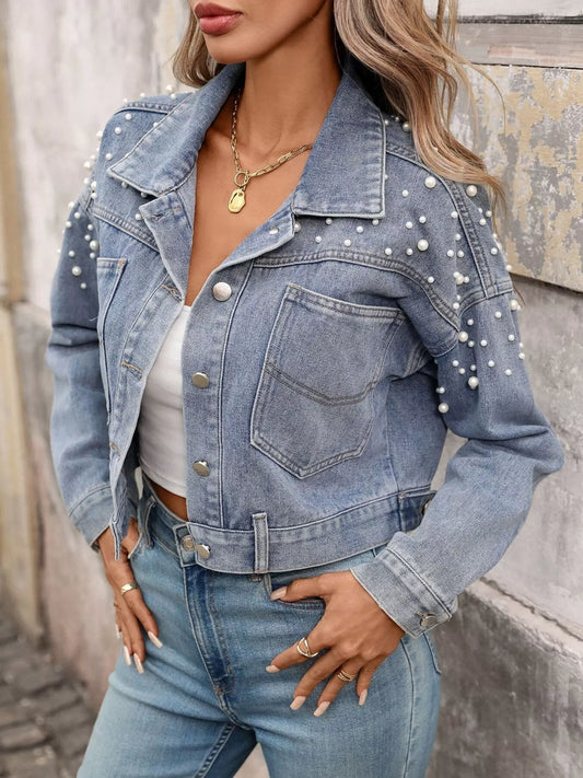 Pearl Embellished Cropped Denim Jacket