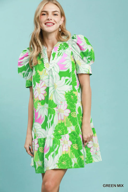 Umgee Floral Puff Sleeve Tiered Mini Dress