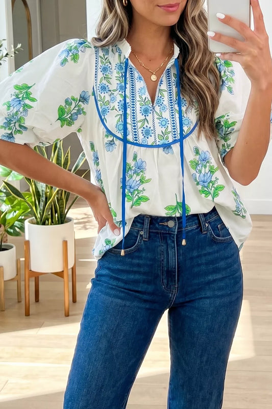 Floral Print Contrast Trim Tie Neck Blouse