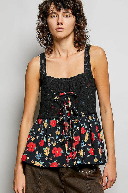 POL Ribbed Sleeveless Top with Lace Bust Floral Woven Patch
