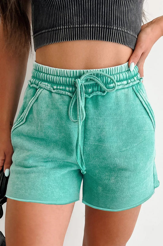 Mineral Washed Drawstring Elastic Waist Raw Cut Shorts