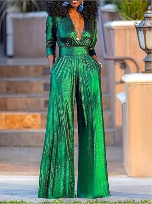 Deep V-Neck Wide Leg Jumpsuit