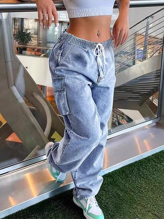 High-Waisted Drawstring Cargo Jeans