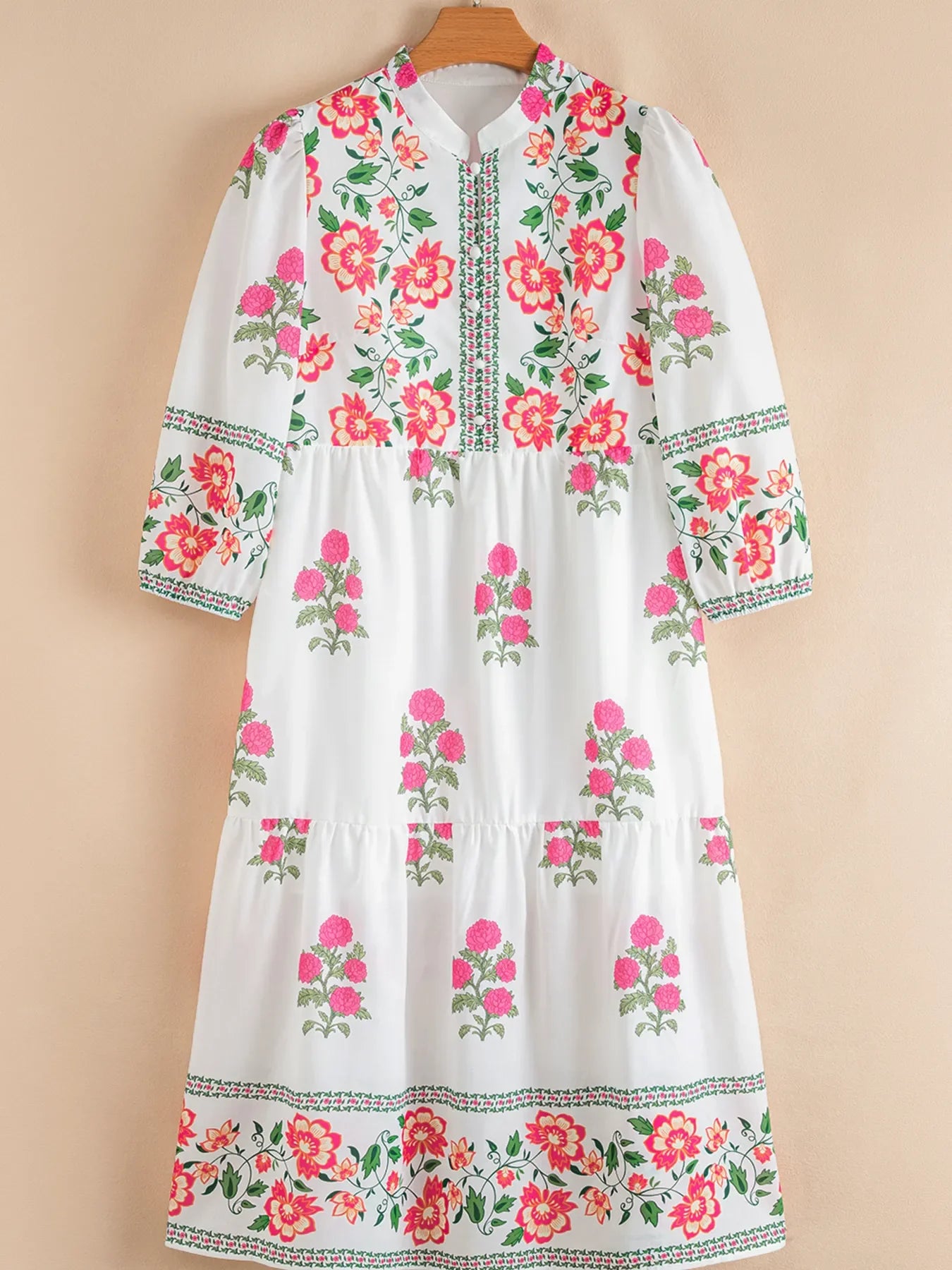 Floral Print Half Button Mandarin Neck 3/4 Sleeve Maxi Dress