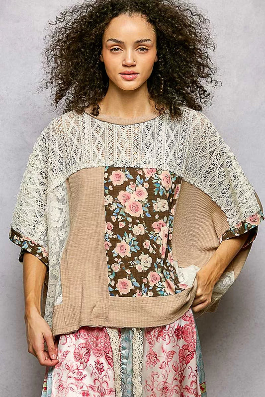 POL Floral Patchwork Lace Accent Blouse