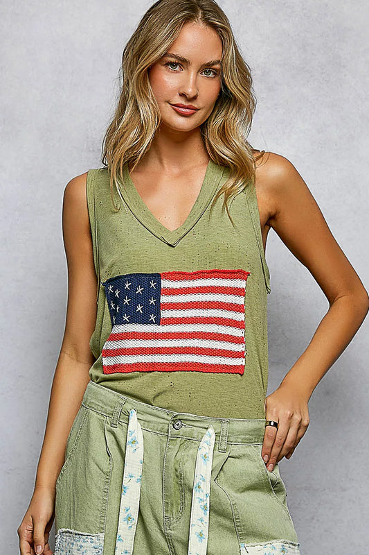 POL V-Neck Ribbed Tank with American Flag Patch and Star Back Patch