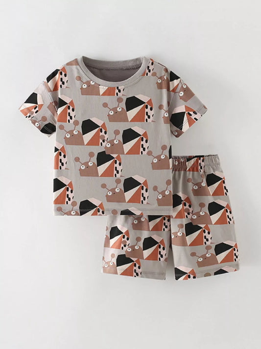 Children's Snail Print Round Neck Tee and Shorts Set
