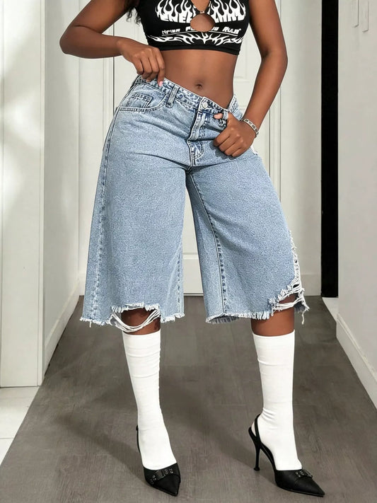 Distressed Wide-Leg Denim Shorts