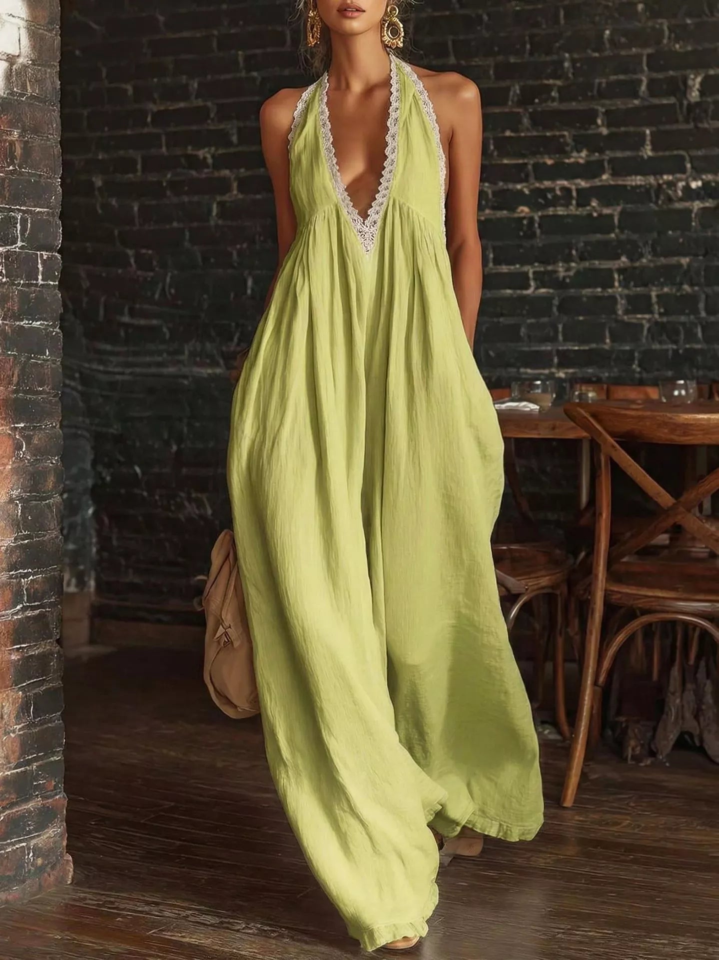 Full Size Halter Neck Lace Trim Wide Leg Jumpsuit Plus Size