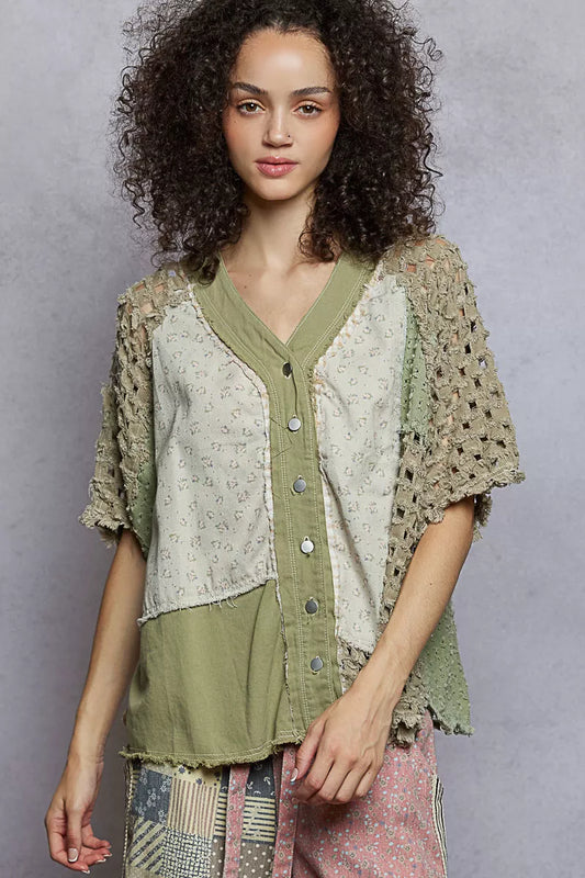 POL Button Down V-Neck Jacket with Printed Woven Patchwork