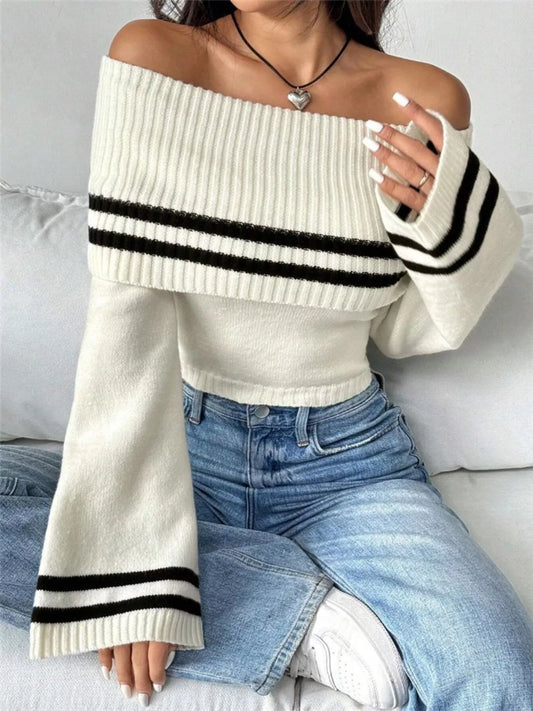 Off-Shoulder Striped Flare Sleeve Sweater