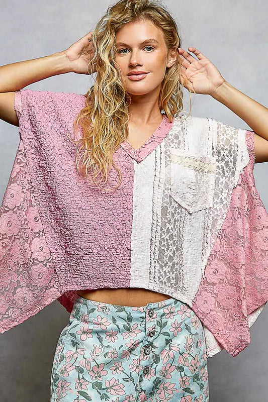 POL Asymmetrical V-Neck Short Sleeve Lace Top