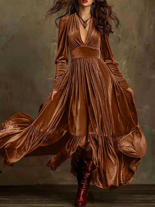 Elegant Velvet V-Neck Long Sleeve Maxi Dress