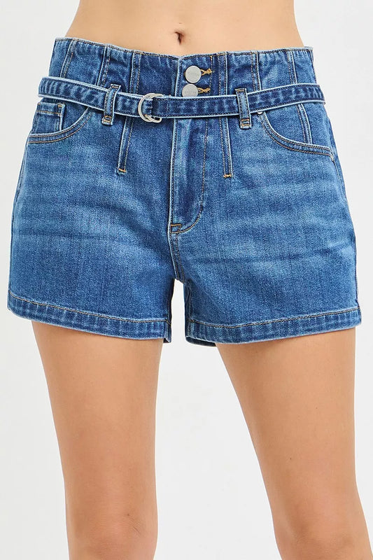 RISEN Double Button Slouchy Denim Shorts with Belt
