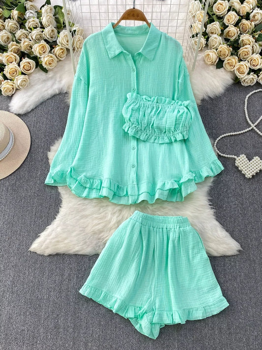 Tube Top & Long Sleeve Shirt & Shorts 3 Piece Set