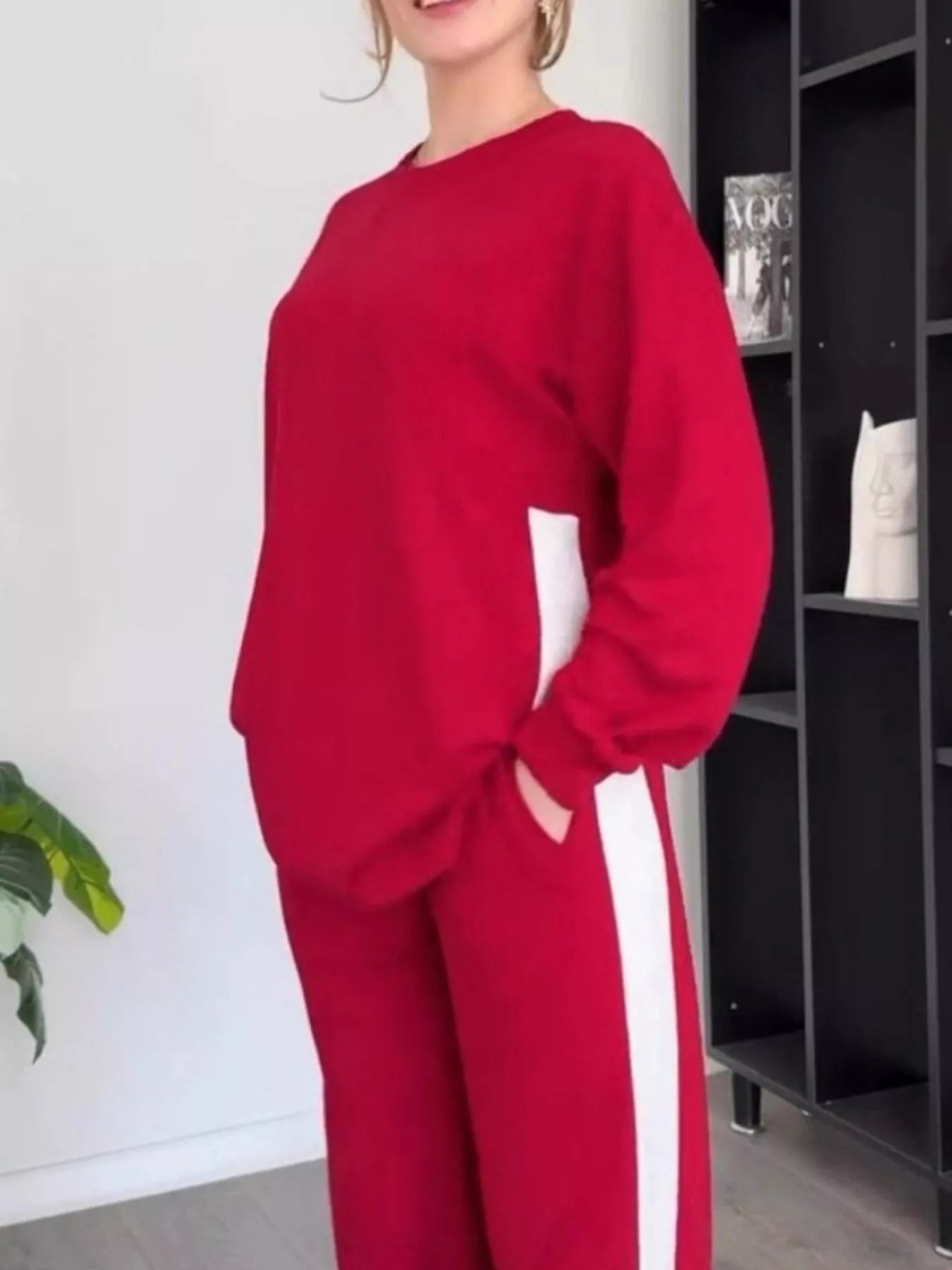 Full Size Contrast Round Neck Top and Pants Set Plus Size