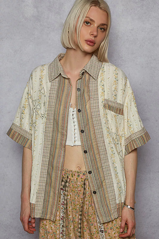 POL Printed Button Down Patchwork Short Sleeve Shirt