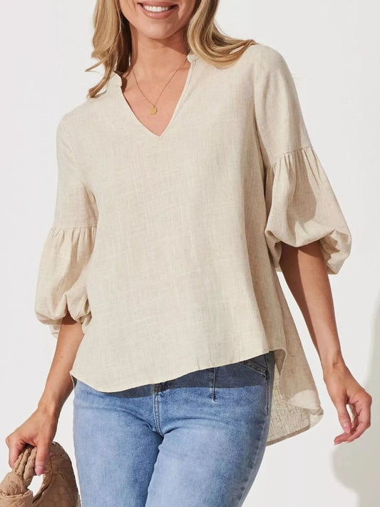 Notched Balloon Sleeve Blouse