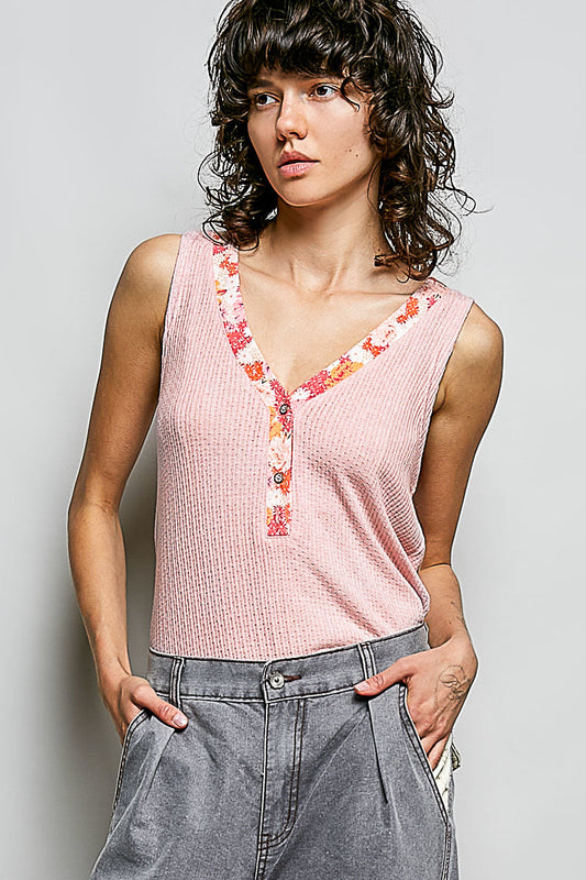 POL Ribbed V-Neck Tank with Contrast Floral Neckband