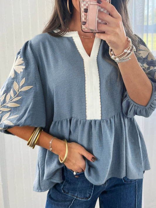 Embroidered Sleeve Peplum Blouse