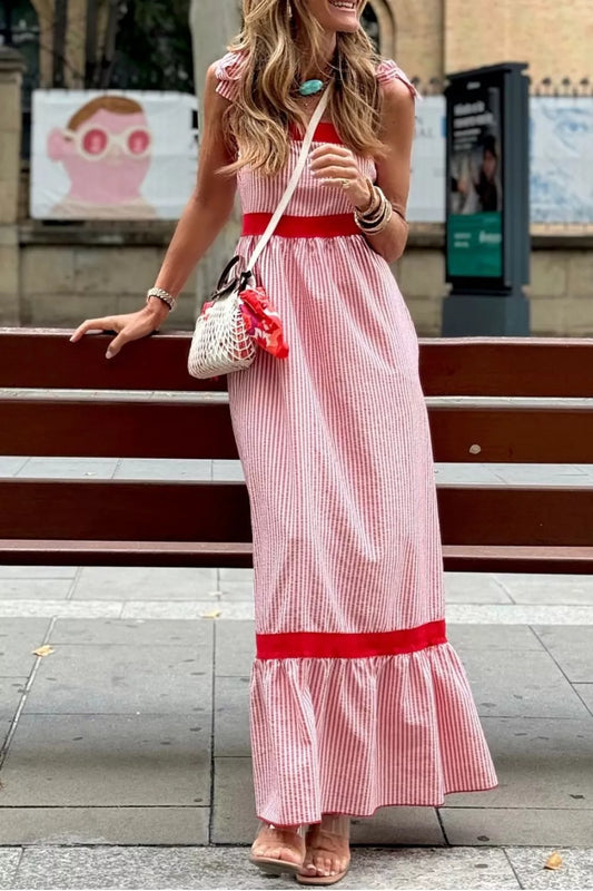 Stripe Bow Knot Straps Contrast Trim High Waist Ruffle Hem Maxi Dress